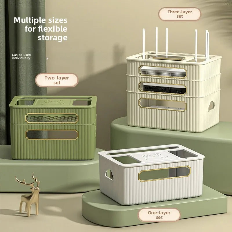 boîte rangement routeur décodeur tv gestion câbles organisateur moderne vert beige épuré