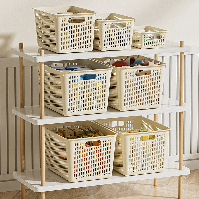 panier rangement perforé moderne poignées réutilisable articles divers boîte plastique beige clair