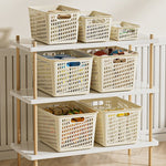 panier rangement perforé moderne poignées réutilisable articles divers boîte plastique beige clair