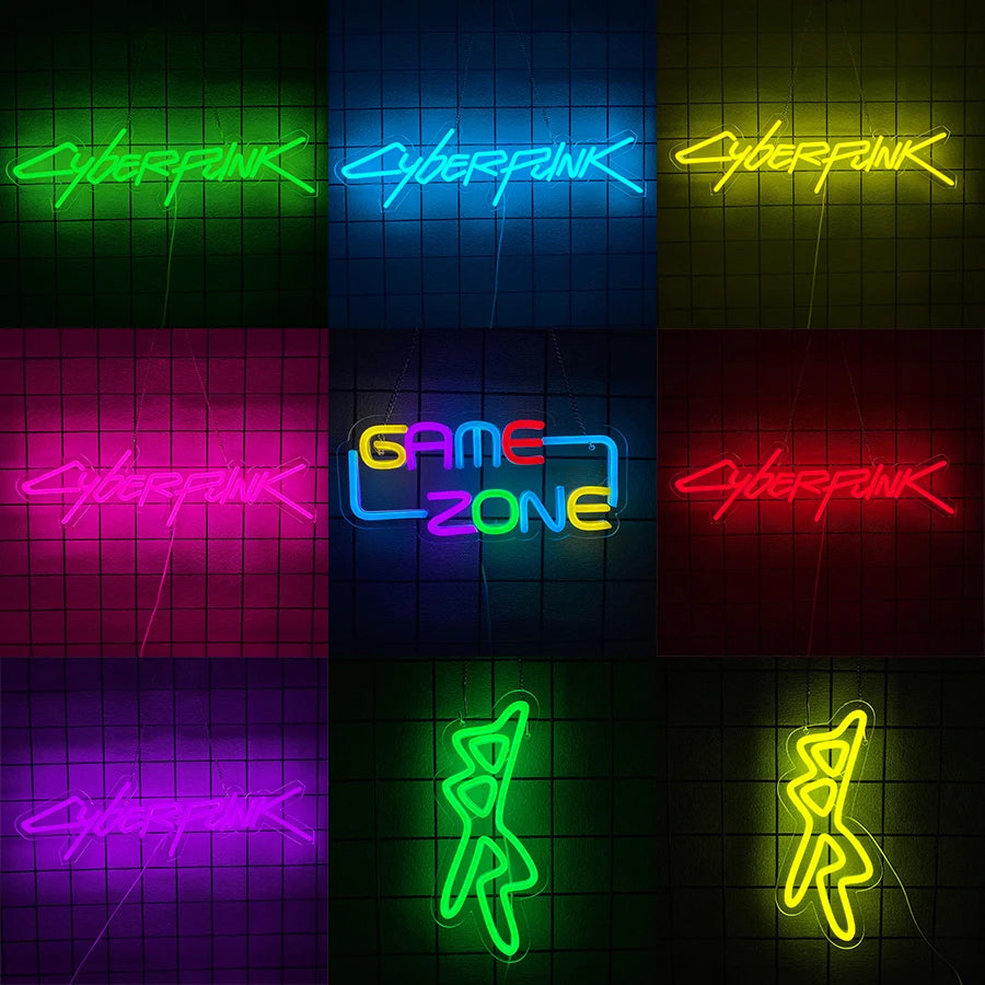 néon lumineux cyberpunk game zone texte abstrait vert bleu jaune rose violet moderne