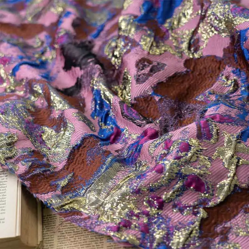 tissu polyester jacquard abstrait rose bleu marron or semi transparent bohème chic couture décoration