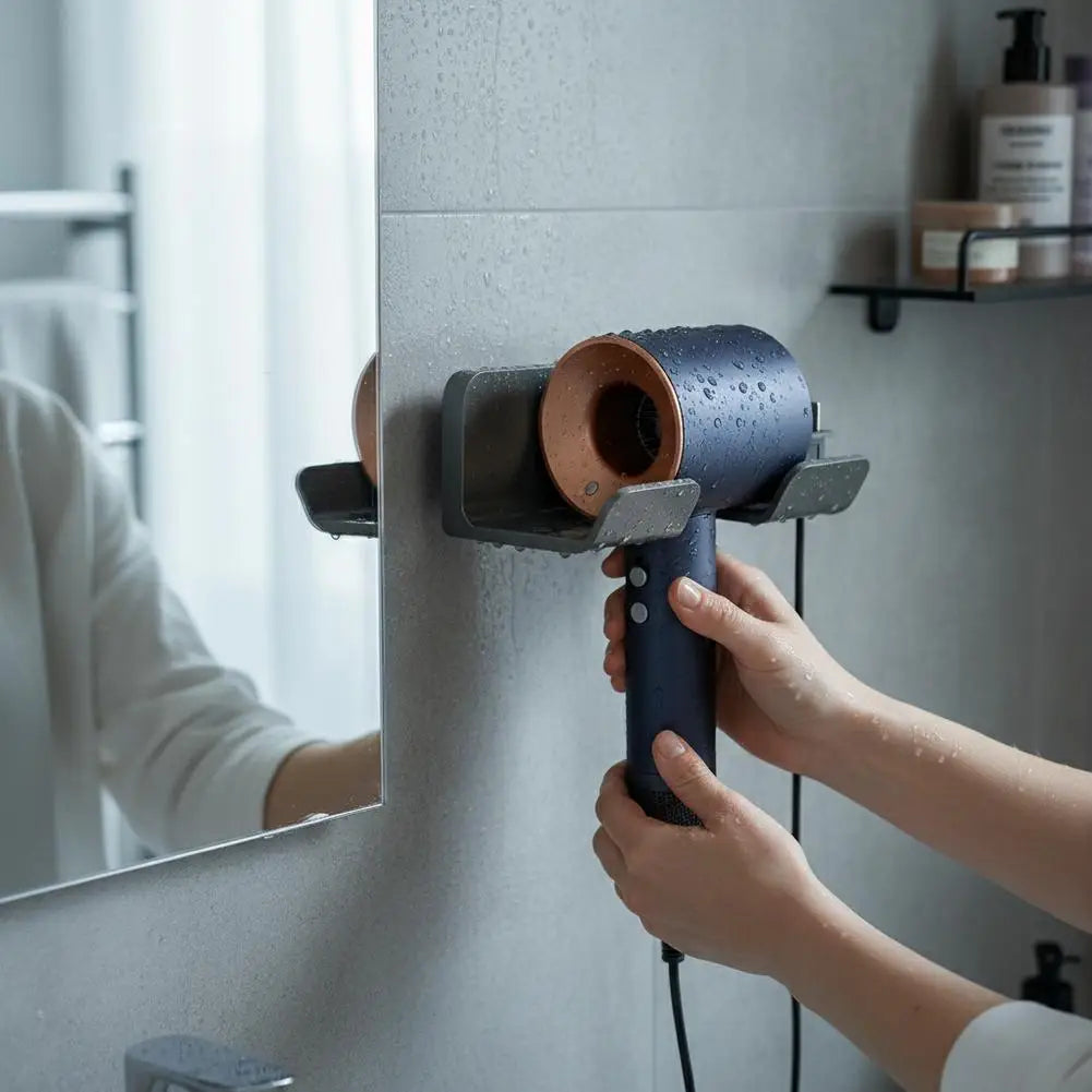 support mural sèche cheveux lisseur rangement salle bain moderne minimaliste fixations sans dommages plateforme