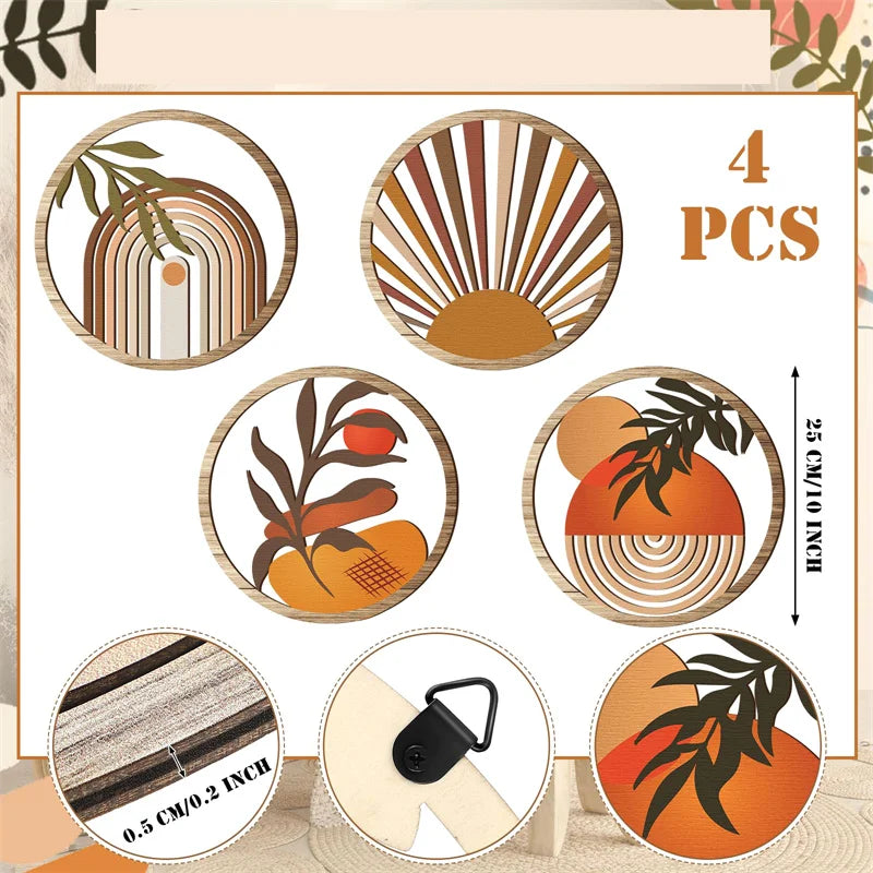 décorations murales bois clair orange marron vert motifs abstraits boho vintage moderne fixations noires