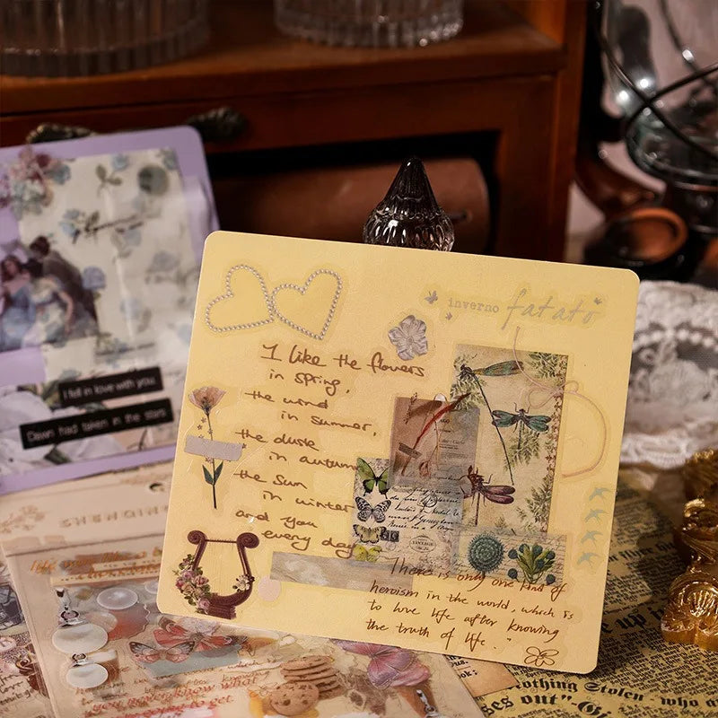 autocollants rétro vintage illustrations fleurs insectes motifs anciens adhésifs marron clair blanc journalisation decoration