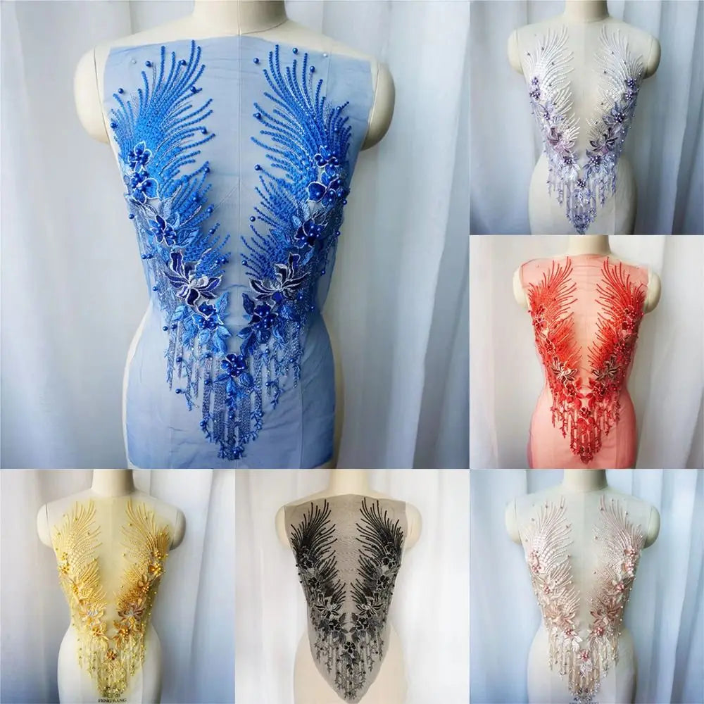 appliques textile brodées fleurs semi transparentes or rose bleu rouge élégantes DIY
