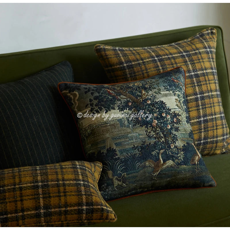 taies d'oreiller jacquard imprimées motif floral paysage vintage bleu vert beige respectueux environnement dimension