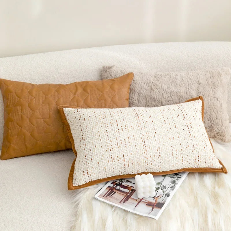 coussins rectangulaires blanc marron texture géométrique moderne amovibles lavables