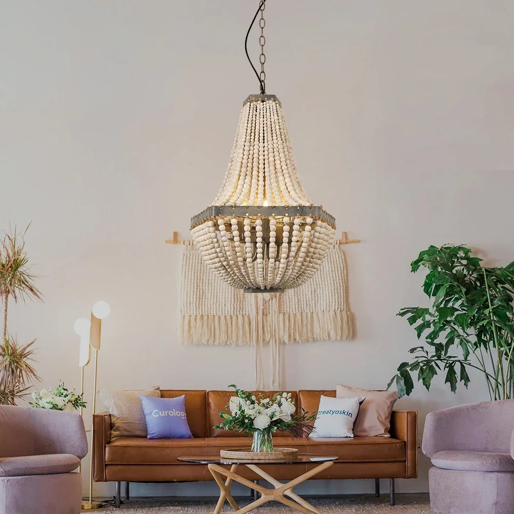 suspension lumineuse plafonnier led bois vintage éclairage salon chambre blanc gris doré