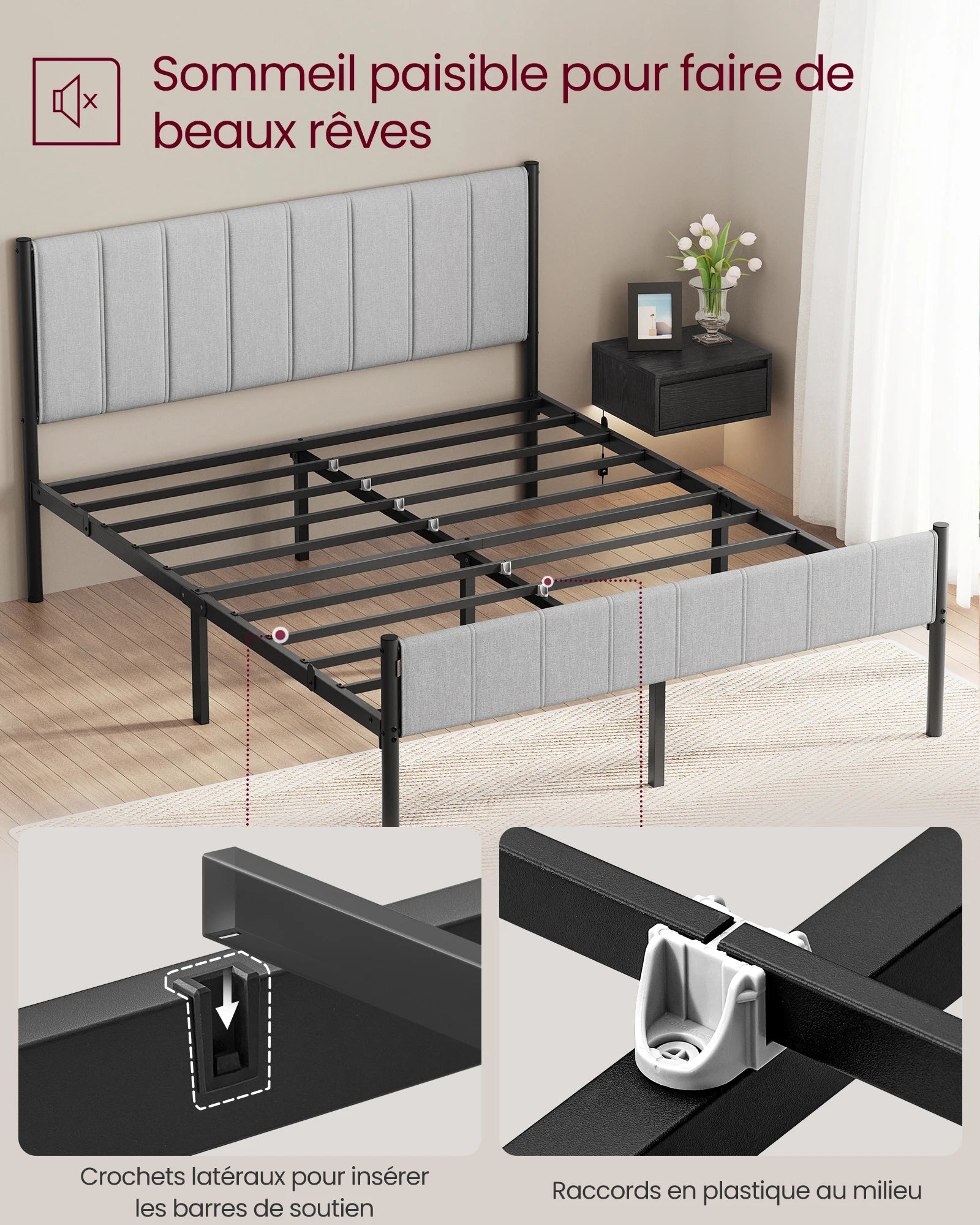 Cadre de lit installé dans une chambre avec décoration minimaliste