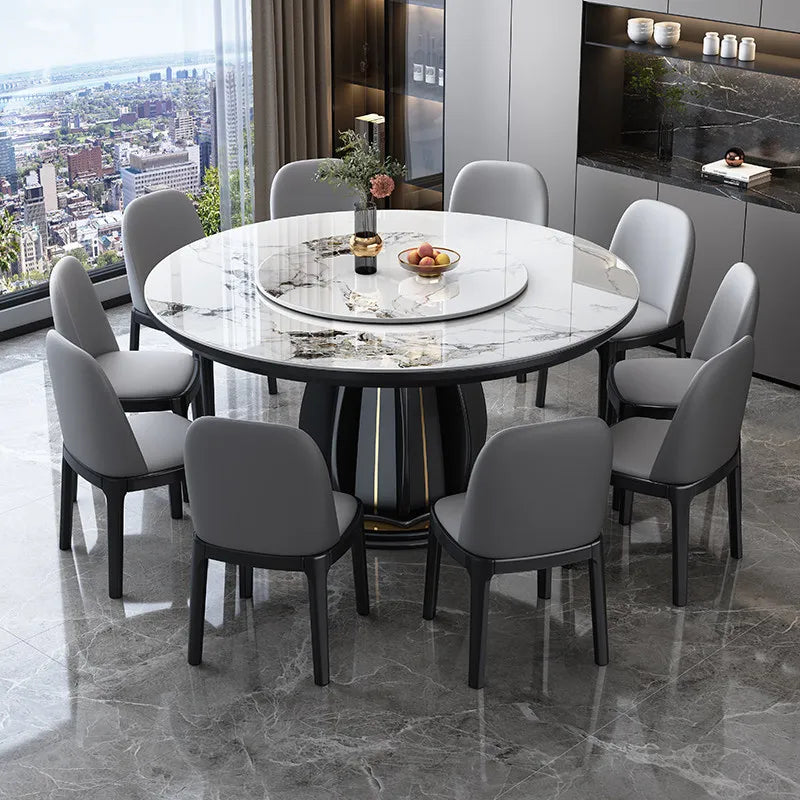 table ronde bois marbre moderne gris noir blanc chaises assises plateau central pieds