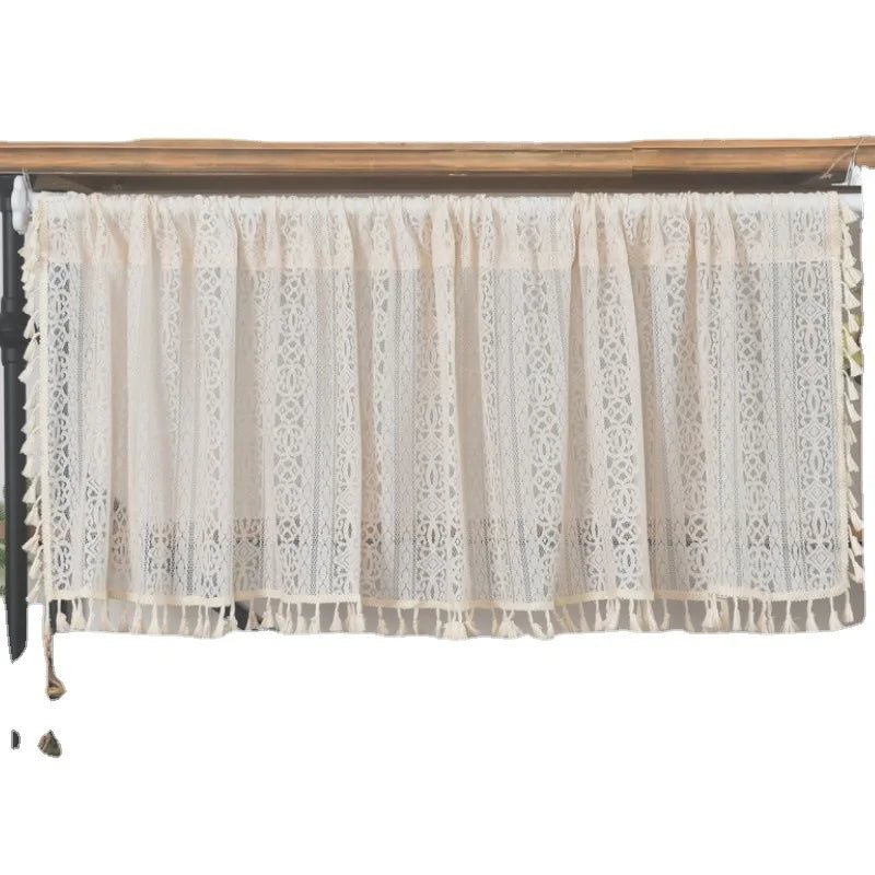 rideau cuisine beige dentelle géométrique vintage bohème opacité crochets franges