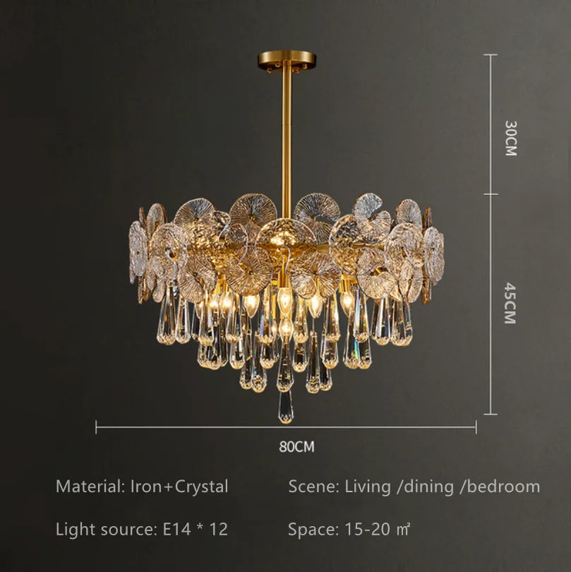 Suspension lumineuse moderne cristal doré transparent salon chambre 2000 82000 lumens