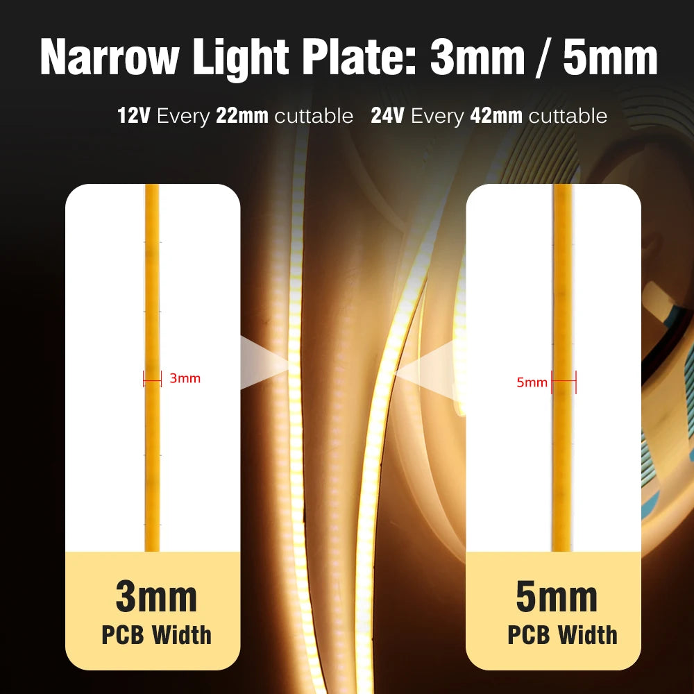 ruban led cob blanc 3mm 5mm 12v 24v lisse moderne connecteurs 5mètres rouleau