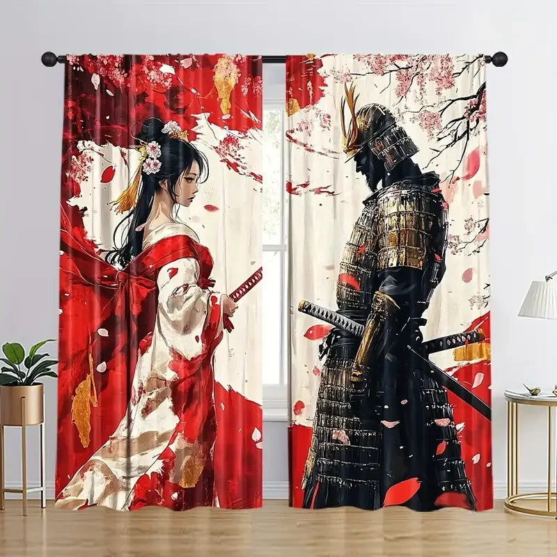 rideaux imprimés personnages japonais traditionnel rouge blanc opaques deux pièces