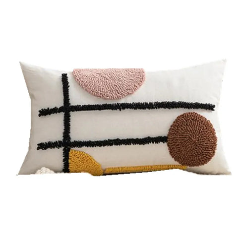 coussin carré rectangulaire beige motifs géométriques dorés pompons chambre salon déco