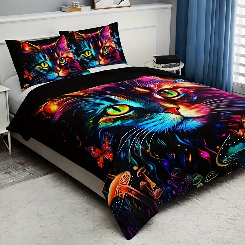 Motif chaton et champignon imprimé HD sur housse de couette