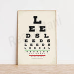 Affiche optométrique abstraite représentant un texte à déchiffrer dans un cadre blanc.