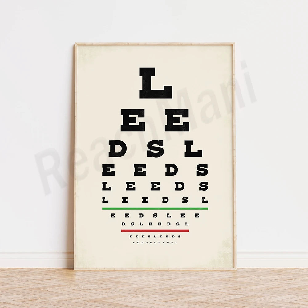 Affiche optométrique abstraite représentant un texte à déchiffrer dans un cadre blanc.