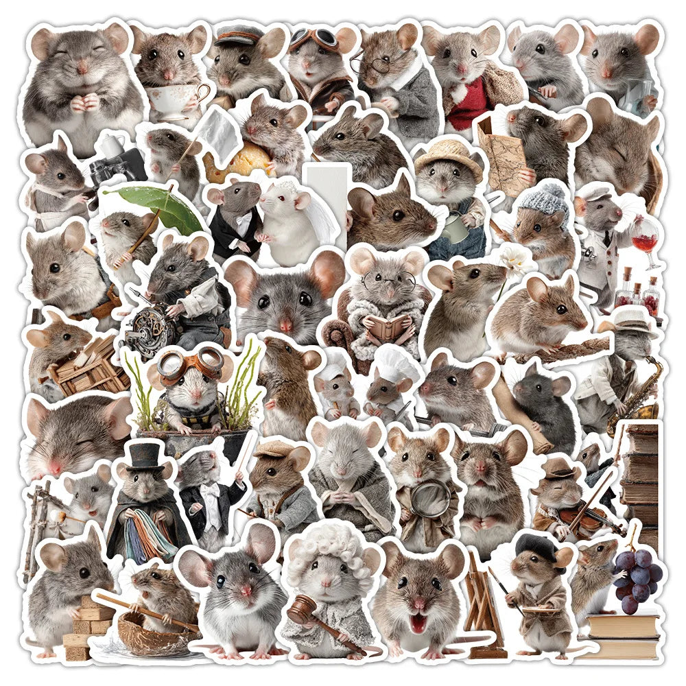 autocollants souris poses vêtements objets divers illustration adhésif gris beige blanc marron vert bleu