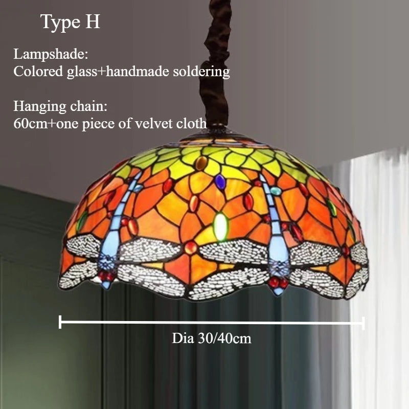 lampe suspendue tiffany multicolore art nouveau vintage motifs floraux chaîne métallique