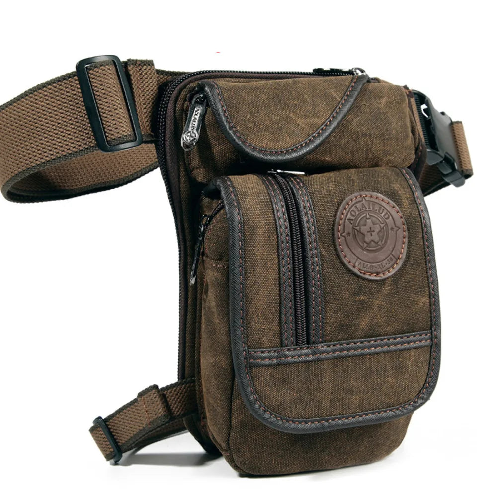 sac banane toile usée vintage marron foncé poche zippée ceinture homme poche intérieure solide