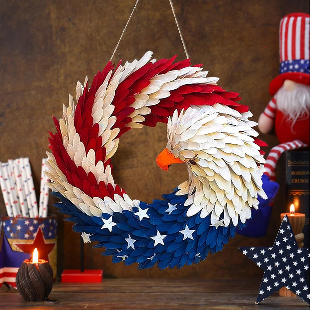 couronne d'aigle patriotique bois motif étoiles blanches plumes relief 30 cm