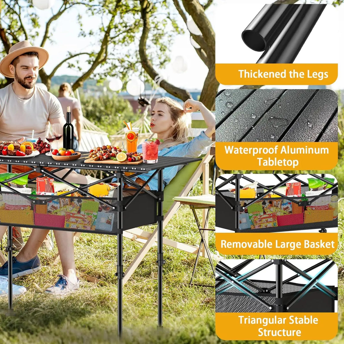 table pliante camping extérieure réglable hauteur gris noir panier mesh sac rangement durable fonctionnelle