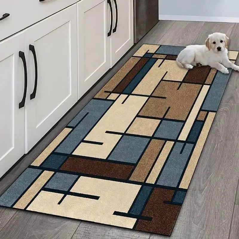 tapis long couloir cuisine salon moderne motif carreaux géométriques polyester anti taches intérieur
