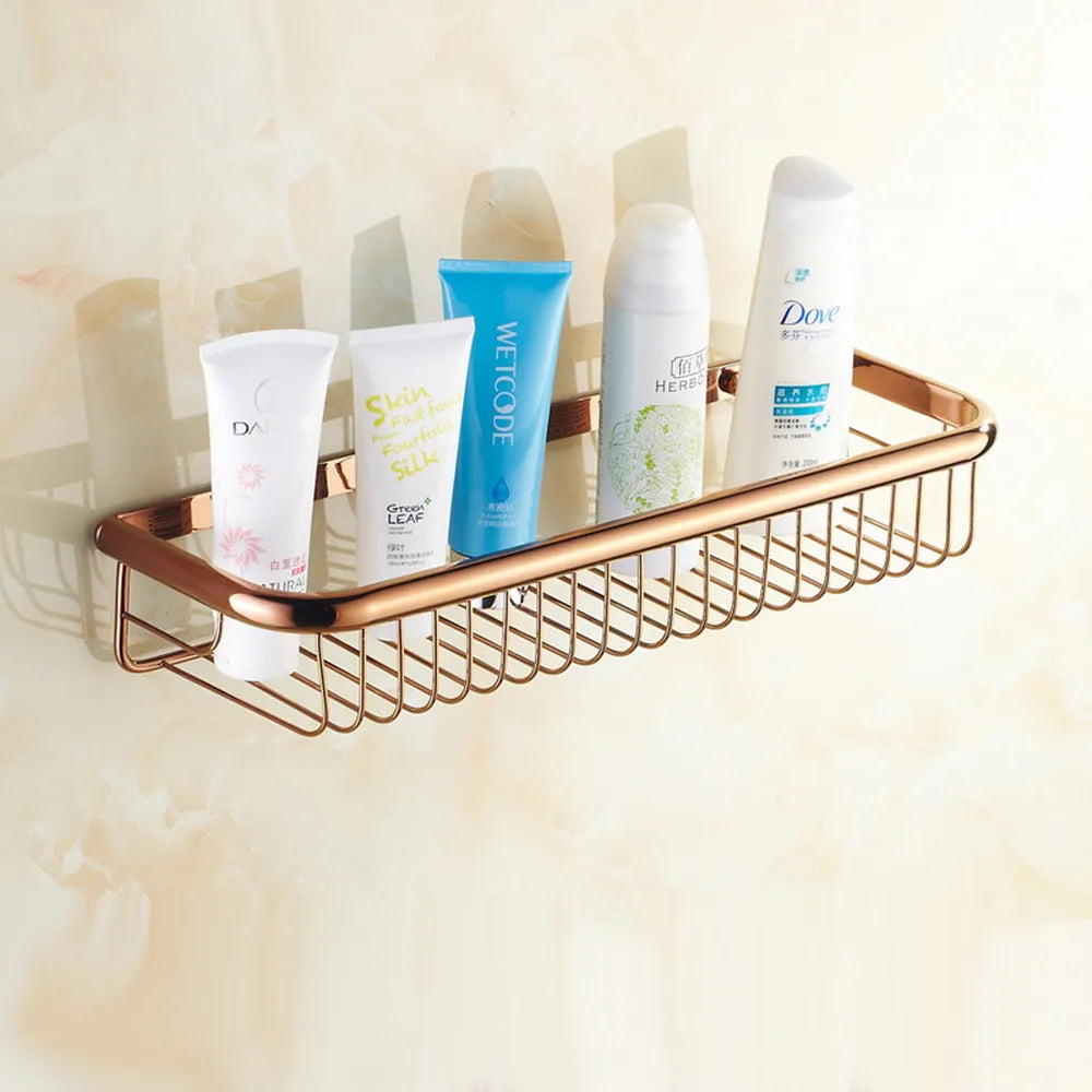 paniers salle bain rose doré filet métallique moderne