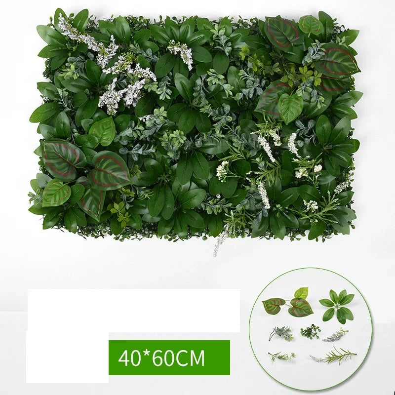 mur végétal artificiel feuilles vertes fleurs blanches moderne extérieur accroché clips inclusion