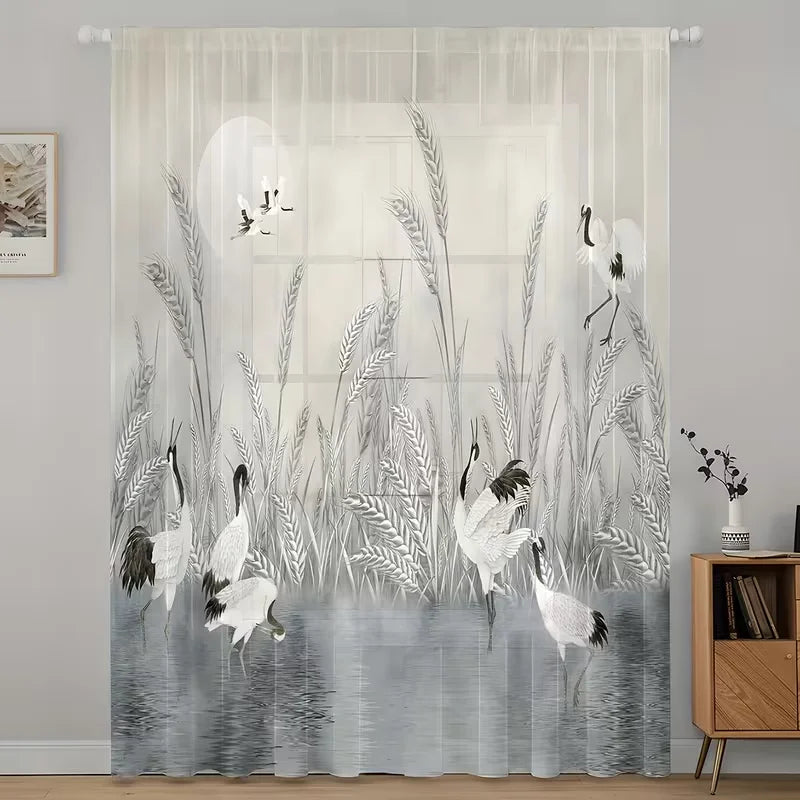 rideau imprimé oiseaux épis blé moderne transparent blanc gris fixations polyester large choix dimensions