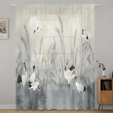rideau imprimé oiseaux épis blé moderne transparent blanc gris fixations polyester large choix dimensions