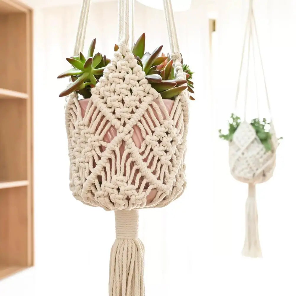 sac suspendu macramé boho hooks plante tissé beige marronclair gris artisanal