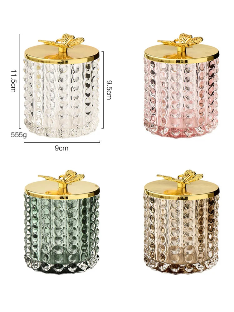 bougie élégante verre transparent perlée dorée papillon vert rose