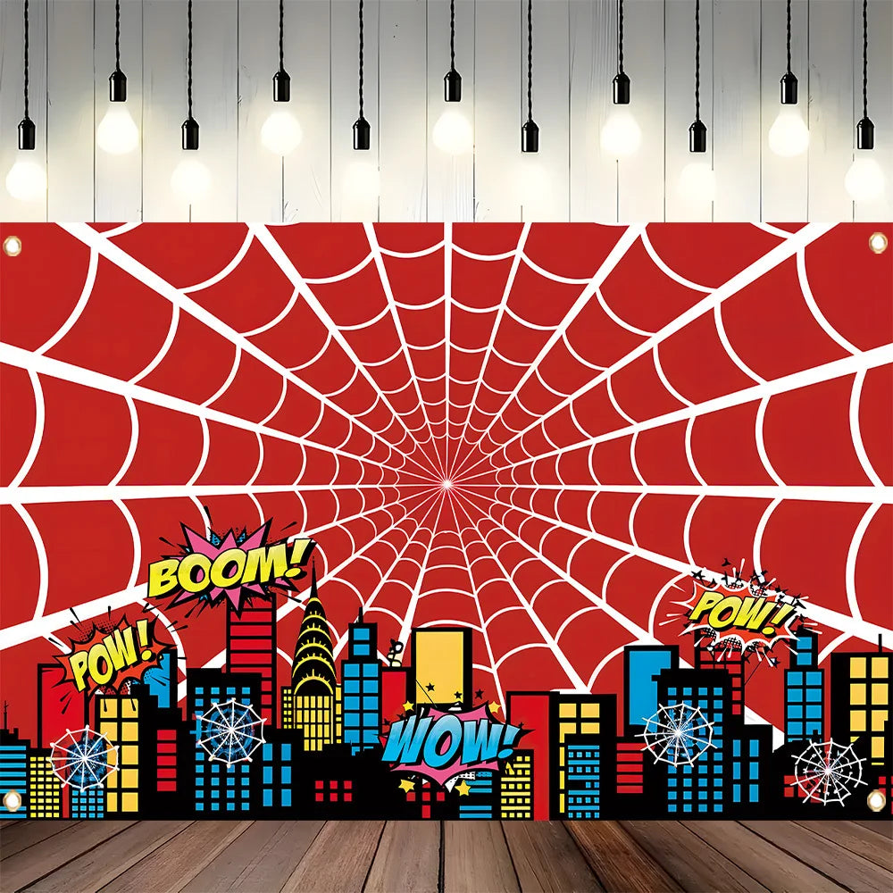 toile fond anniversaire héros araignée ville pop art clips rouge blanc