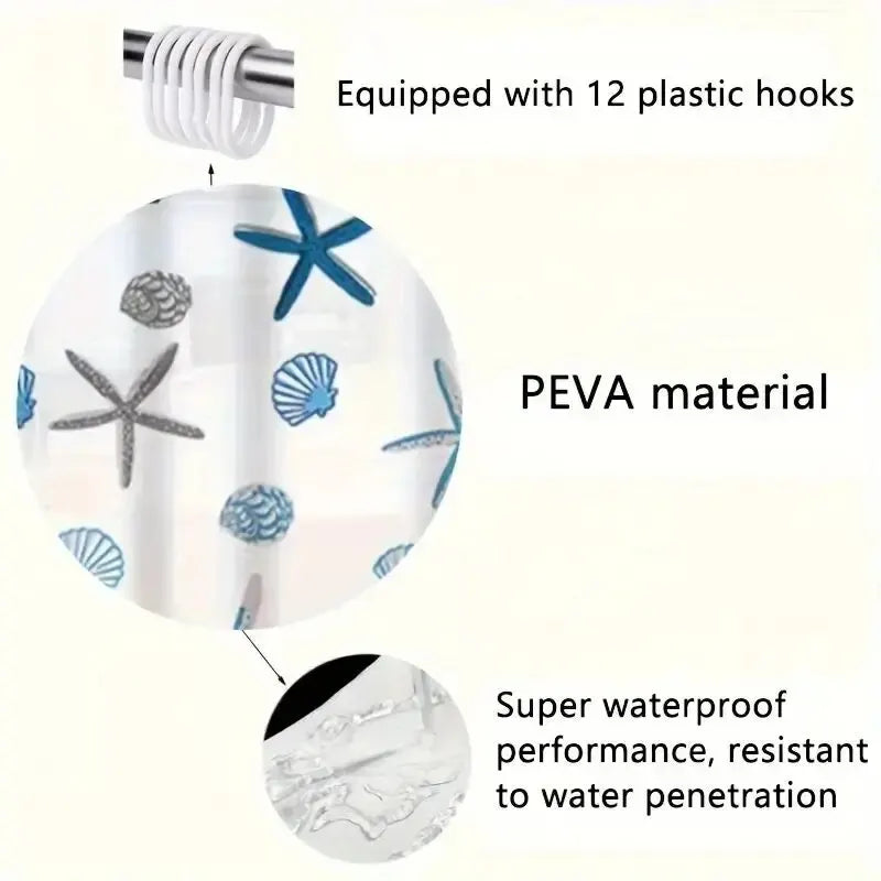 rideau douche semi transparent motifs coquillages étoiles mer blanc bleu gris crochet plastique decoration