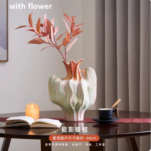 vase céramique abstrait artisanal rose vert orange marron bleu ondulé texturé sculptural