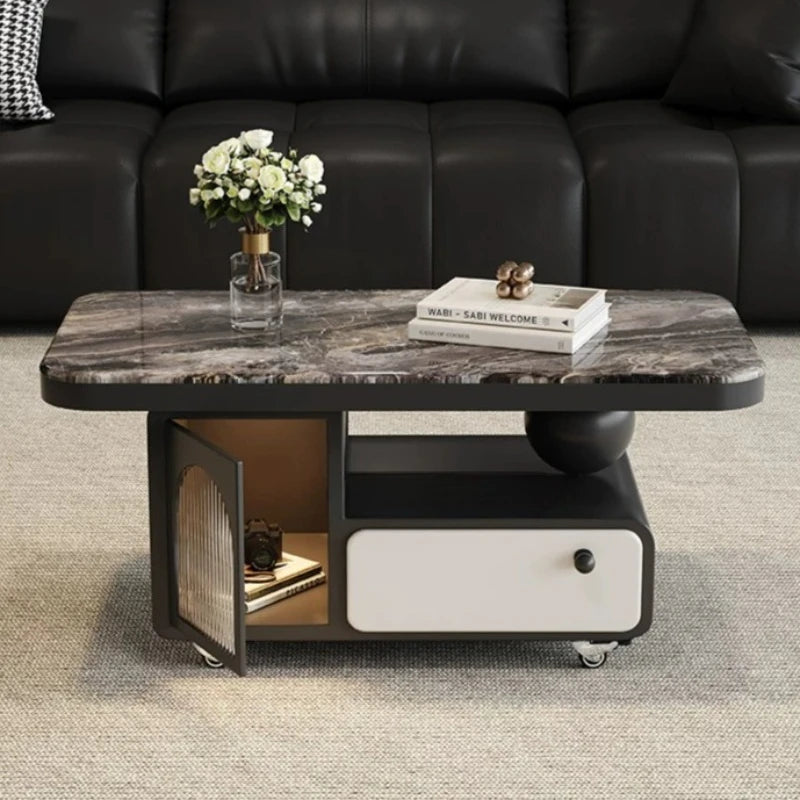 table basse moderne marbre noir tiroir roulette salon minimaliste italien