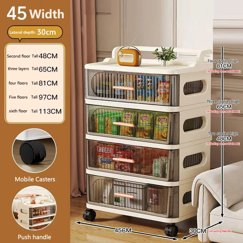 meuble rangement mobile tiroirs roulettes beige clair rayures horizontales moderne