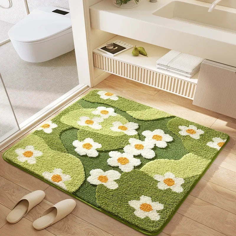 tapis bain microfibre carré motif fleurs moderne doux absorbant salle bain vert blanc