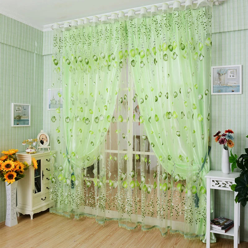 rideau moderne transparent gouttes fleur bleu vert gris rose violet anneaux suspension maison