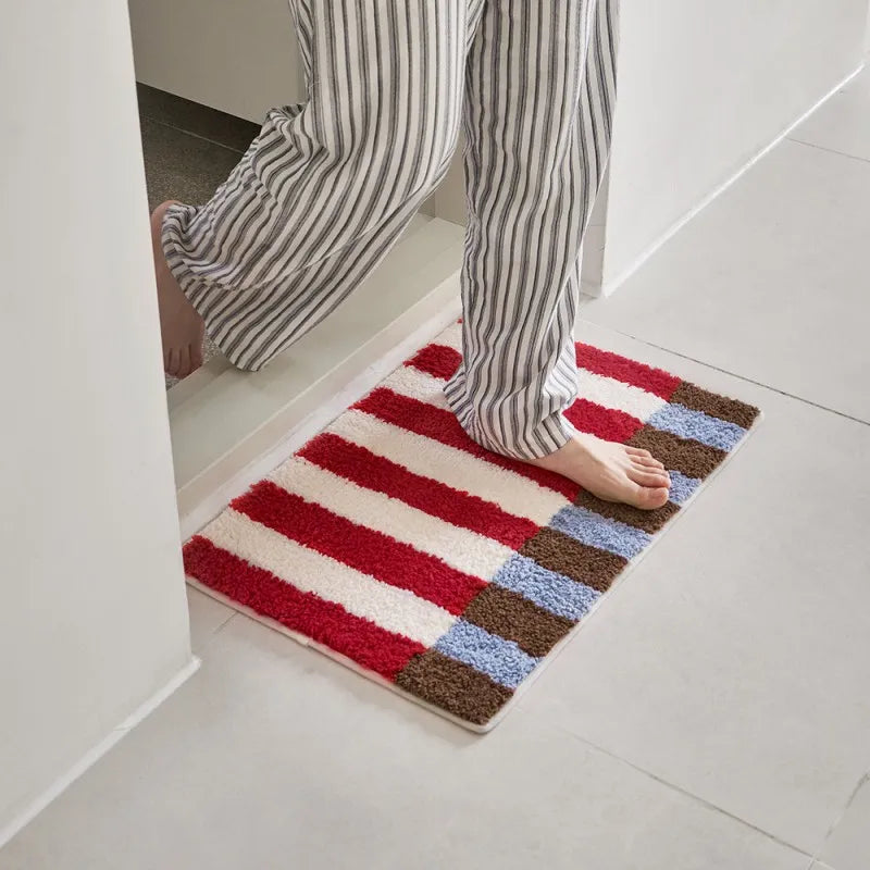 tapis moelleux polyester antidérapant rayures orange bleu blanc moderne chambre bain entrée