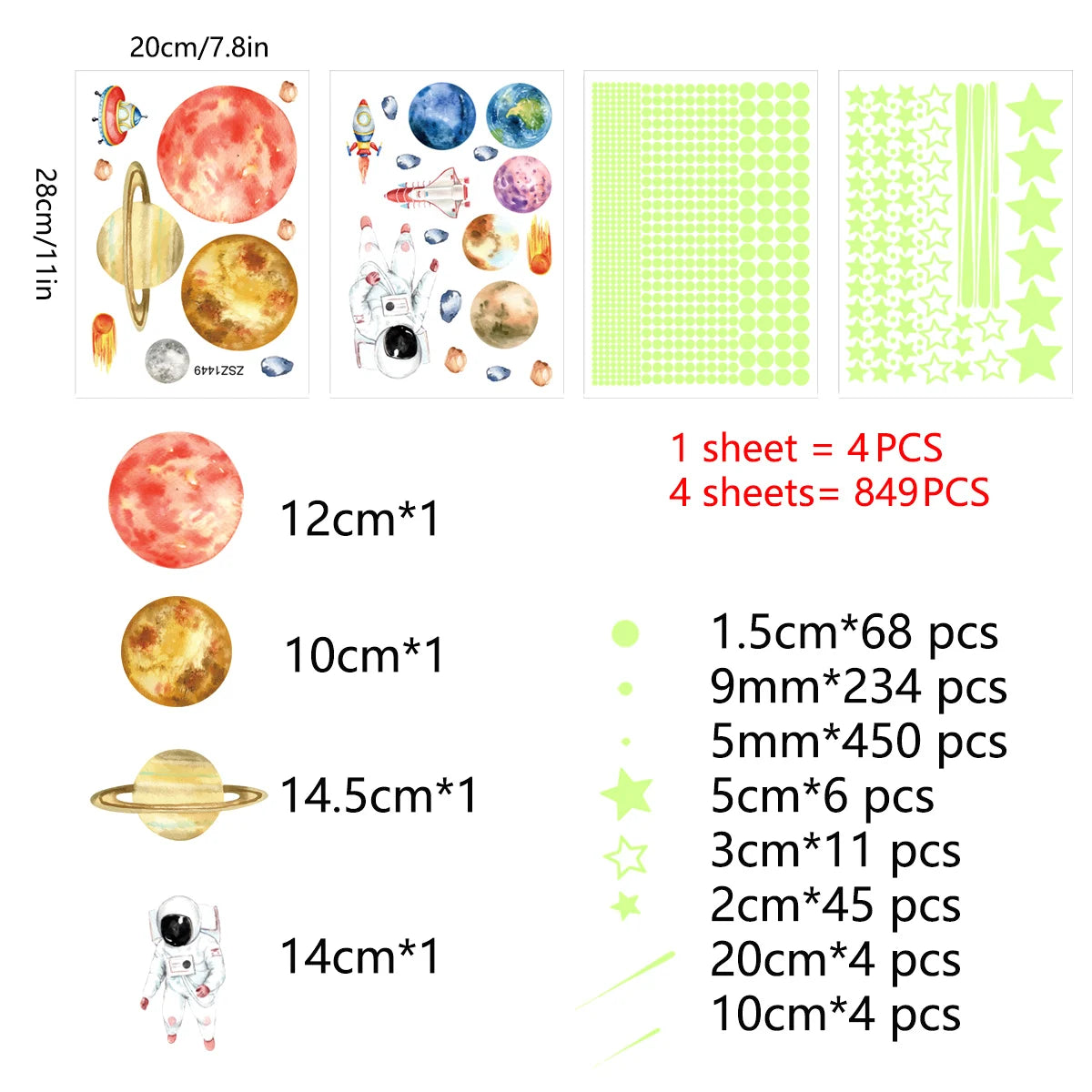 sticker lumineux planètes étoiles fusées astronautes vert fluo illustration adhésif chambre enfant décoration murale