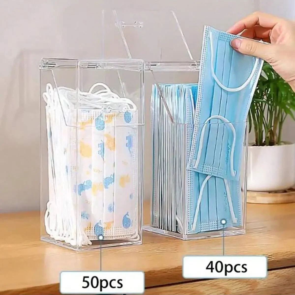 boîte rangement masques jetables transparente bleu clair moderne pratique poignées blanches 50pcs 40pcs