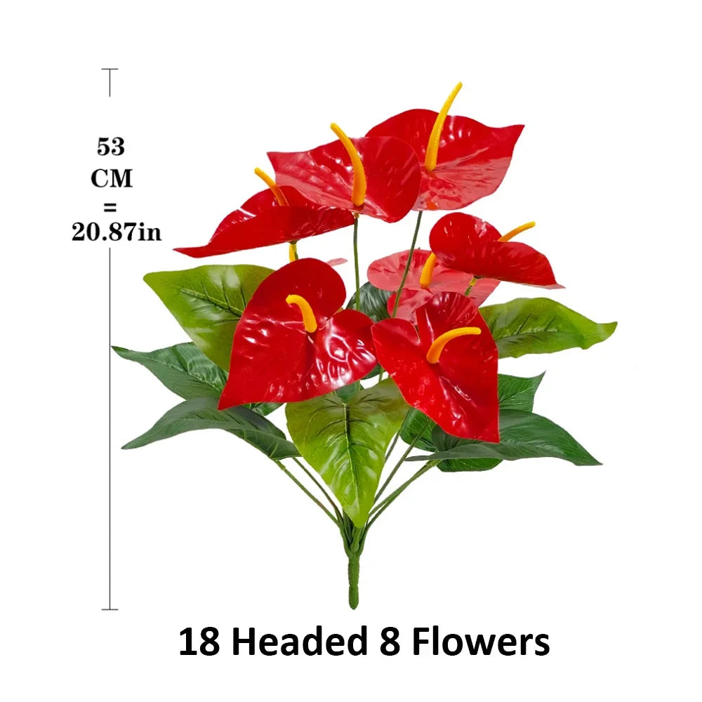 fleurs artificielles anthurium rouge feuilles vertes pots blancs décoration mariage anniversaire extérieur tropical