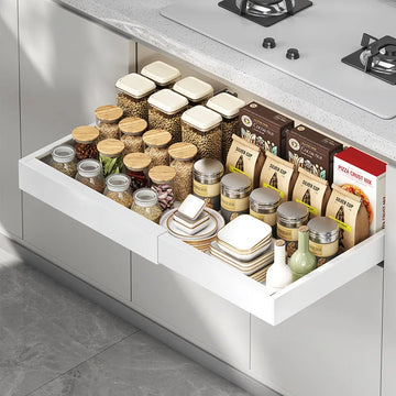 tiroir rangement cuisine blanc moderne minimaliste acier inoxydable extensible épices assiettes couvercles théière bouteilles