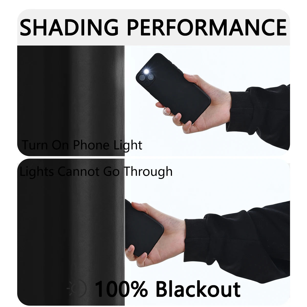 Test d'occultation d'un rideau noir montrant une lumière de téléphone qui ne traverse pas le tissu, preuve de son efficacité occultante.