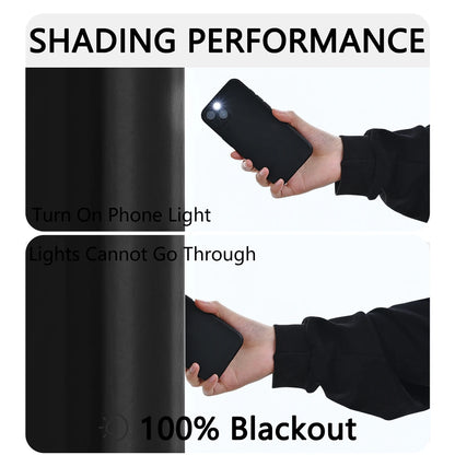 Test d'occultation d'un rideau noir montrant une lumière de téléphone qui ne traverse pas le tissu, preuve de son efficacité occultante.