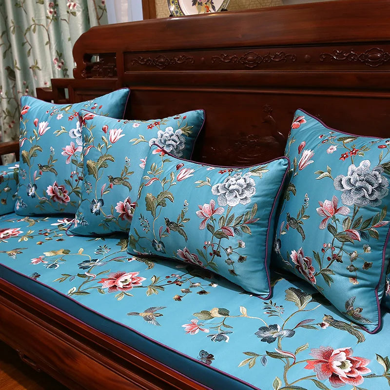 coussin carré motif floral oiseaux vert satiné salon chambre coucher nouvelle décoration chinoise