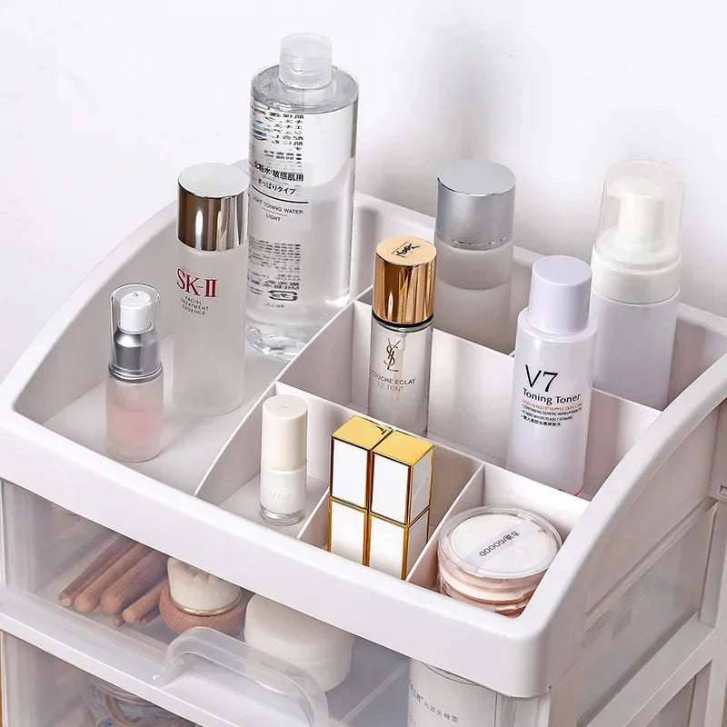 organisateur rangement cosmétiques blanc tiroirs transparents modernes compartments poignées grilles